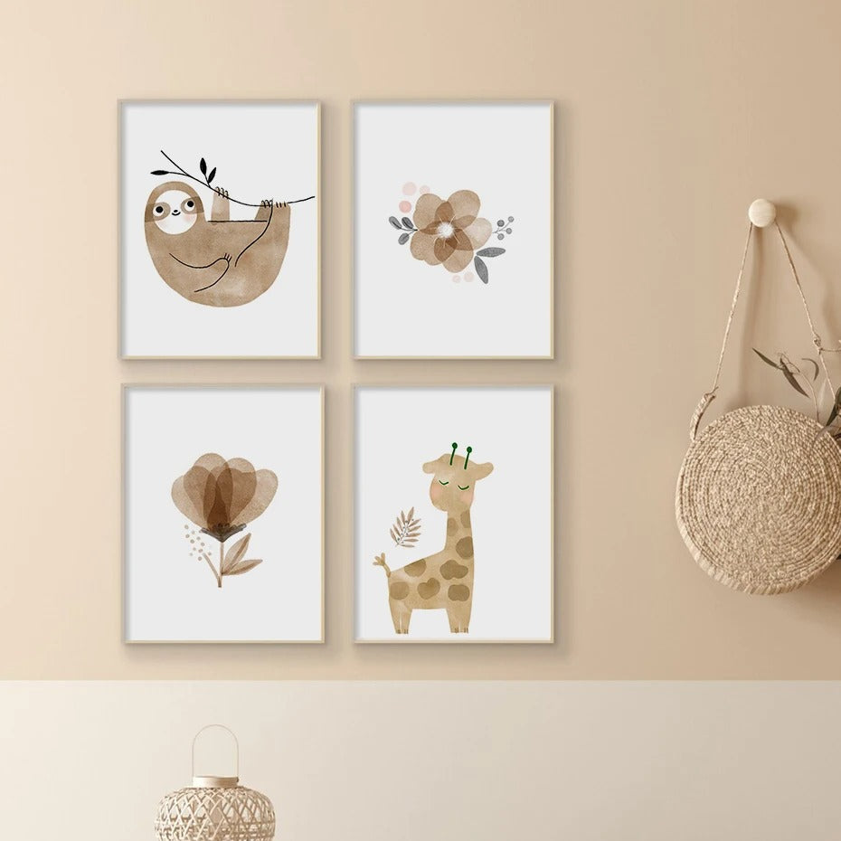 Affiches ours, paresseux, girafe, éléphant
