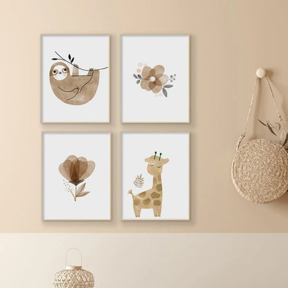 Affiches ours, paresseux, girafe, éléphant