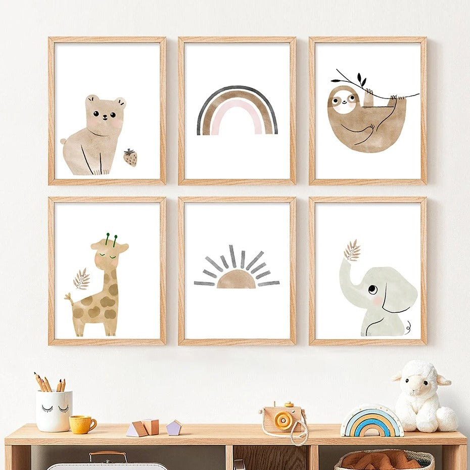 Affiches ours, paresseux, girafe, éléphant