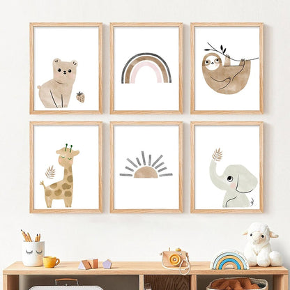 Affiches ours, paresseux, girafe, éléphant