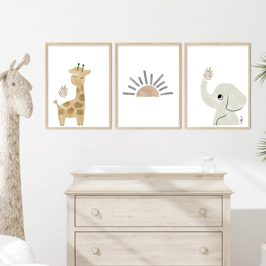 Affiches ours, paresseux, girafe, éléphant