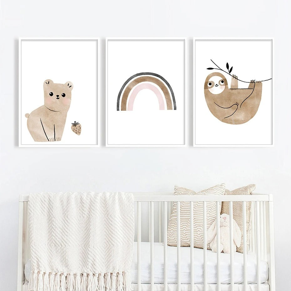 Affiches ours, paresseux, girafe, éléphant